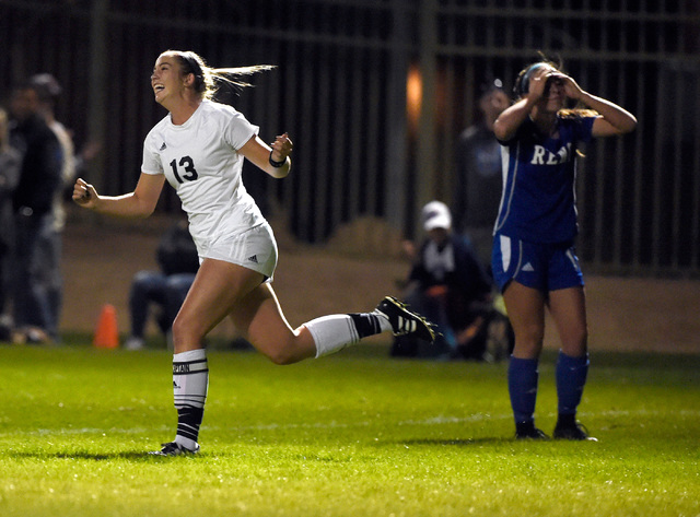 Palo Verde’s Gia Barone reacts after scoring a goal against Reno during a girls state ...