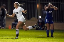 Palo Verde’s Gia Barone reacts after scoring a goal against Reno during a girls state ...