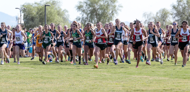Cross country varsity A girls race participants start their race during the 2016 Larry Burge ...