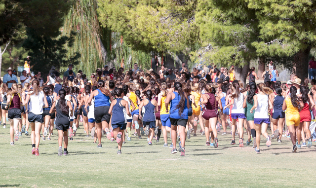 A view from the back of the pack is show of the varsity girls cross country runners as they ...