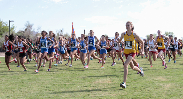 Varsity girls cross country runners are seen as they start their race during the 2016 Larry ...