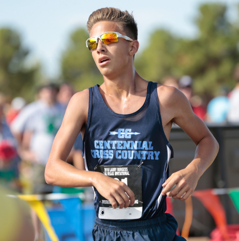 Centennial’s Dallan Cave (281) is seen as he approaches the finish line for the varsit ...
