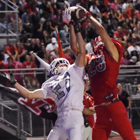 Arbor View’s Deago Stubbs (23) battles for the ball against Orem’s defense durin ...