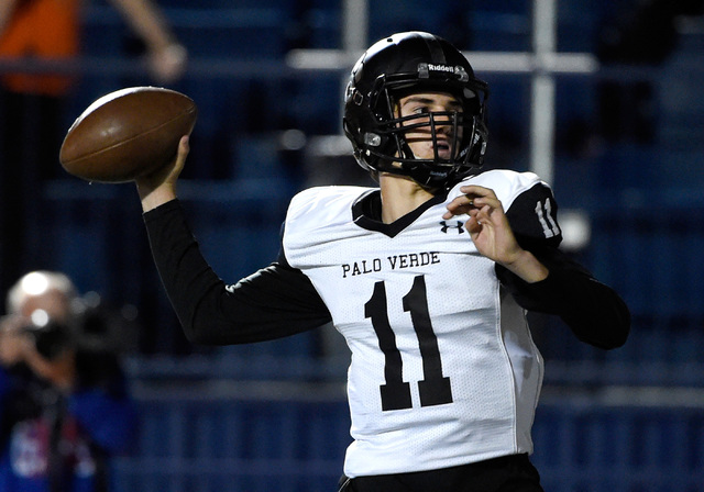 Palo Verde quarterback Nick Zuppas looks to pass against Bishop Gorman during the first half ...