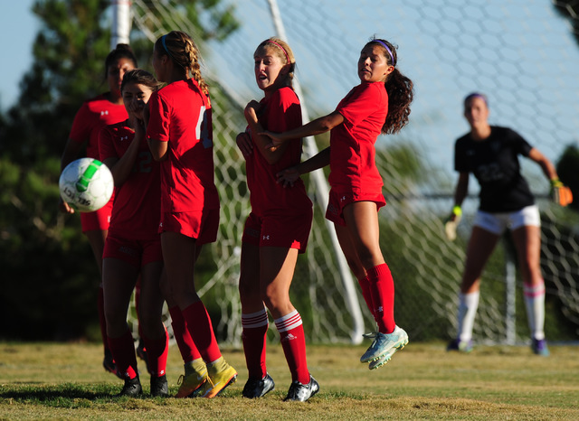 Arbor View defenders form a wall in attempt to block a Palo Verde free kick during their pr ...