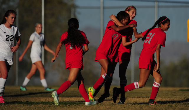 Arbor View players celebrate a goal against Palo Verde during their prep soccer game at Palo ...