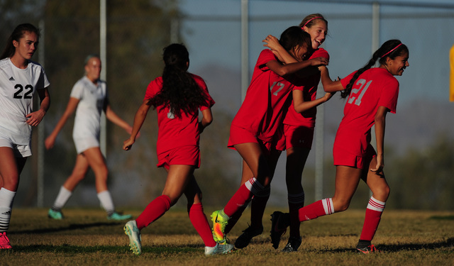 Arbor View players celebrate a goal against Palo Verde during their prep soccer game at Palo ...