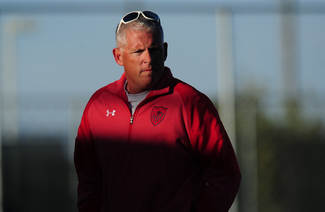 Arbor View girls soccer head coach Jay Howard looks on during their prep soccer game against ...