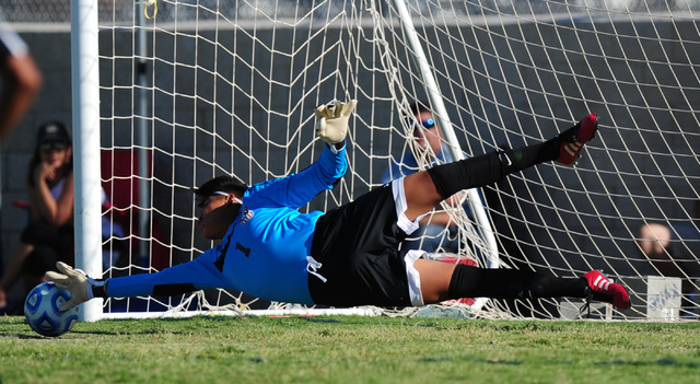 Las Vegas goalkeeper Chris Sosa is unable to make a save off of a Coronado penalty kick in t ...