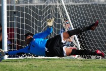Las Vegas goalkeeper Chris Sosa is unable to make a save off of a Coronado penalty kick in t ...
