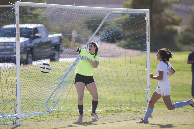 Silverado’s Mikaela Becze looks on as a goal attempt by Foothill hits the post in the ...