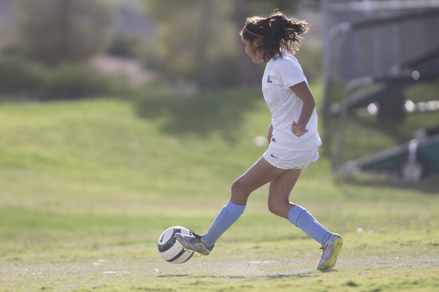 Foothill’s Rachel Lentz (9) kicks the ball for a goal against Silverado in the girl&#8 ...
