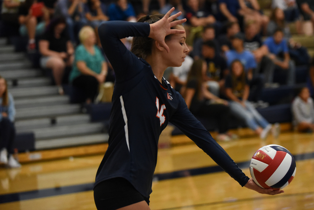 Bishop Gorman’s Alysia Neilson (14) gets ready to serve the ball against Shadow Ridge ...