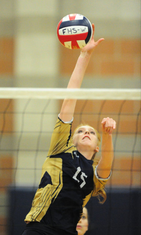 Foothill High School’s Shaye Lemke blocks a Palo Verde spike during their volleyball m ...