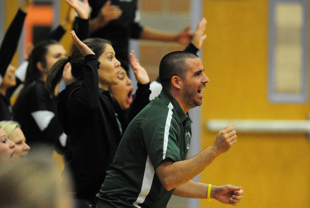 Palo Verde High School head volleyball coach Phil Clarke reacts after the Panthers won the s ...