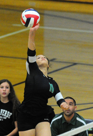 Palo Verde’s Arien Fafard goes up for a spike against Foothill during their volleyball ...