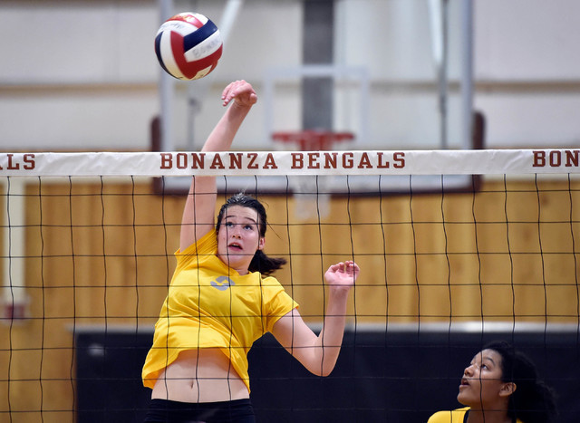 Bonanza’s Taryn Warner hits the ball during a high school volleyball game against Sier ...