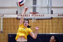 Bonanza’s Taryn Warner hits the ball during a high school volleyball game against Sier ...