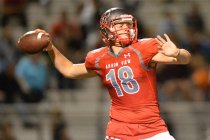 Arbor View quarterback Hayden Bollinger (18) throws a pass during the Arbor View High School ...