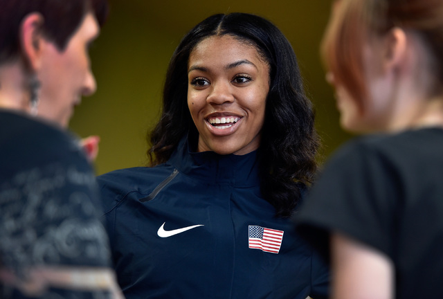 Bishop Gorman high jumper Vashti Cunningham smiles as she speaks with people after a news co ...