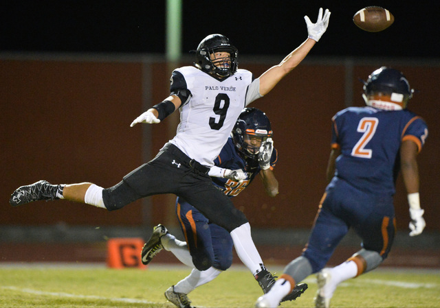 Palo Verde tight end Tyler Thornton (9) reaches for a pass during the Legacy High School Pal ...