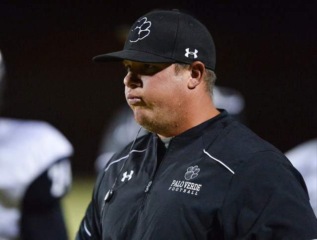 Palo Verde head coach Joe Aznarez reacts to his quarterback being sacked during the Legacy H ...