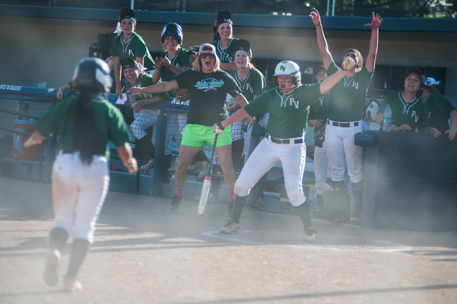 Palo Verde’s Melissa Lacro runs through dust to her dugout after scoring against Reed ...