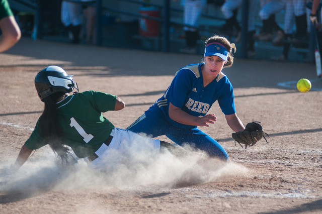 Palo Verde’s Melissa Lacro slides home and scores as Reed’s Jessica Sellers wait ...