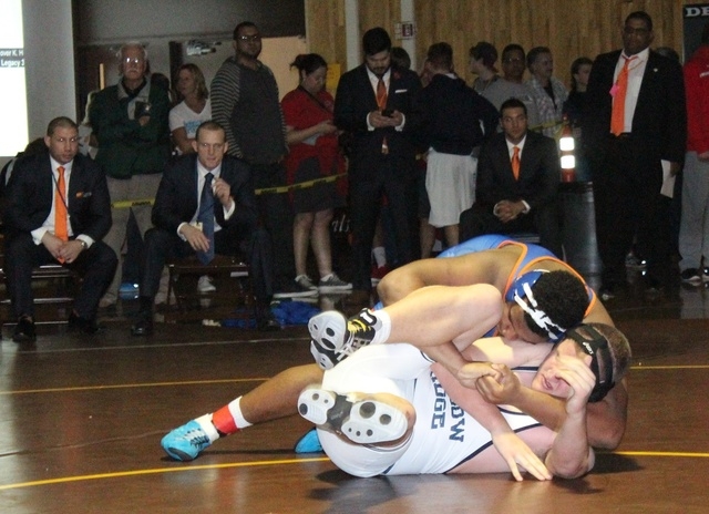 Bishop Gorman’s Jackson Perry, top, works against Shadow Ridge’s Jarrit Leonard ...