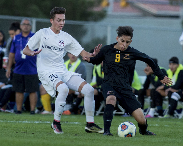 Durango’s Jaime Munguia (9) kicks the ball against Coronado at the Bettye Wilson Socce ...