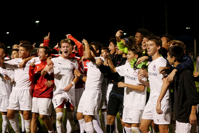 Coronado Cougars soccer team celebrate at the Bettye Wilson Soccer complex where the Cougars ...