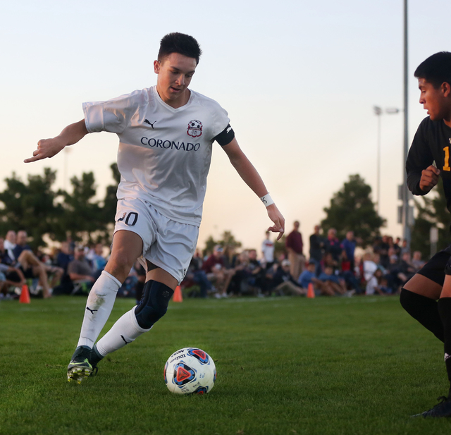 Coronado’s Preston Judd (10) kicks the ball against Durango at the Bettye Wilson Socce ...