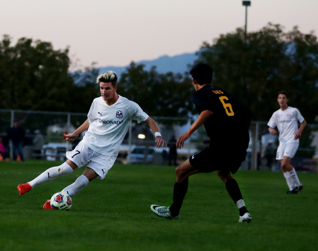 Coronado’s John Lynam (7) kicks the ball against Durango at the Bettye Wilson Soccer c ...