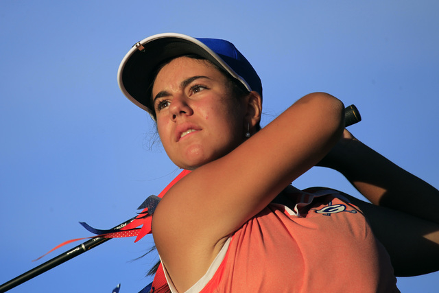 Bishop Gorman’s Megan Orgad tees off during the Sunset Region girls golf tournament at ...