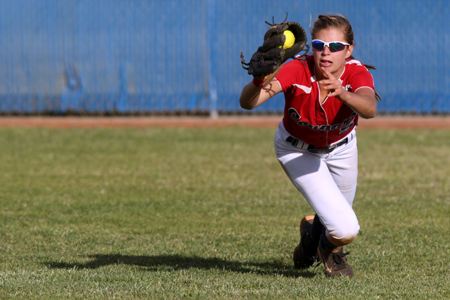 Coronado outfielder Tatum Spangler makes a diving catch during their Sunrise Region softbal ...