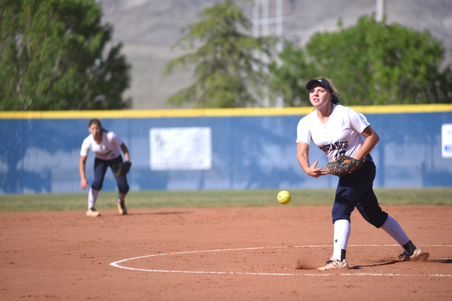 Shadow Ridge’s Alisha Schultz (17) pitches against Legacy during their softball game a ...