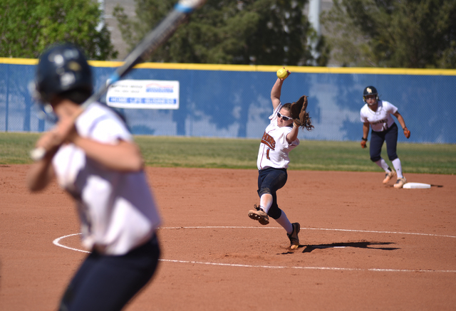 Legacy’s Kellie Nelson (1) pitches against Shadow Ridge during their softball game at ...