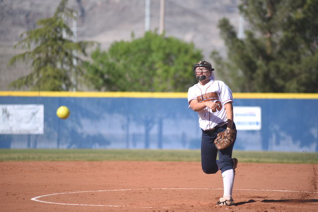 Legacy’s haley Pederson (10) pitches against Shadow Ridge during their softball game a ...