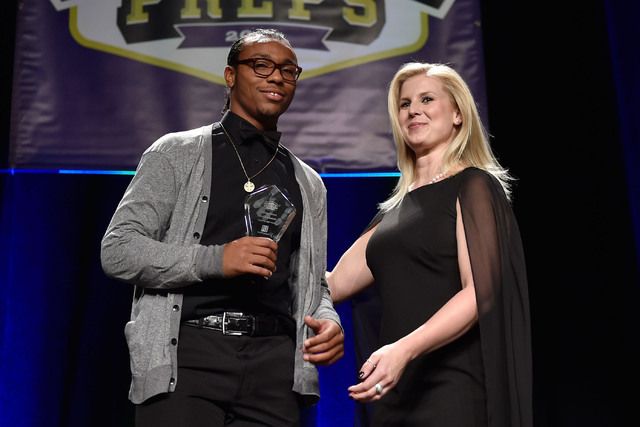 Chaparral High School’s Richard Nelson, left, receives his courage award during the Be ...