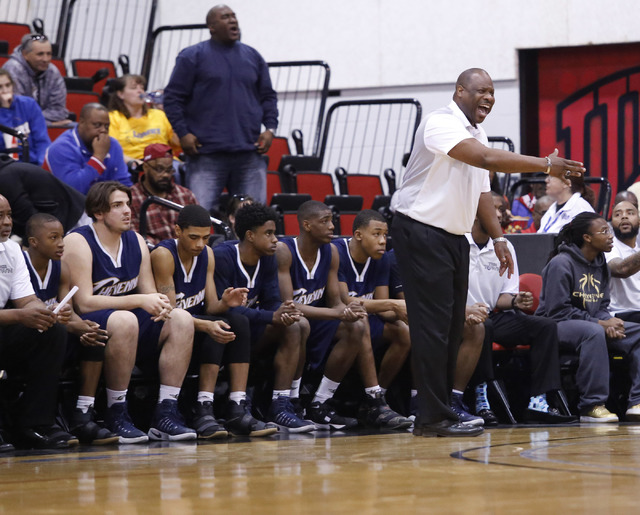 Cheyenne’s head coach Teral Fair reacts during the second half of a Class 3A boys stat ...