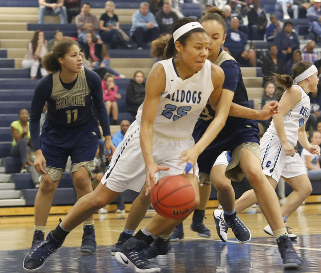 Centennial’s Samantha Thomas (25) drives down the court during the first half of a Cla ...