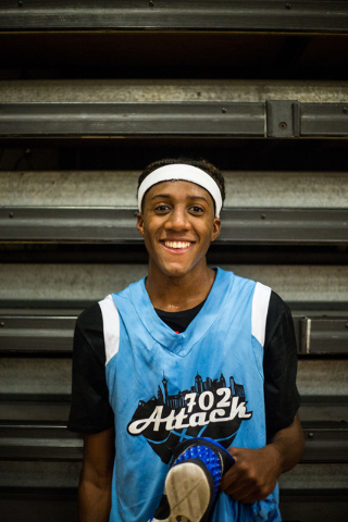 Je’rell Springer, Shadow Ridge High’s Gaurd, poses for a portrait after playing ...