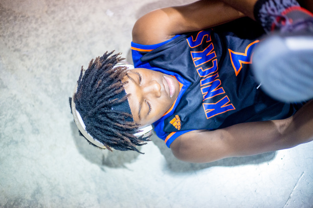 Las Vegas Knicks guard Isaiah Banks stretches before playing Iowa Brainstorms in an adidas U ...