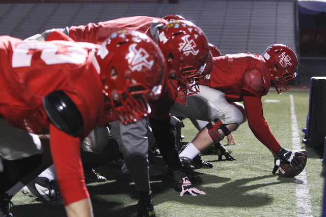 The Arbor View offensive line runs a drill during practice Wednesday, Nov. 19, 2014. Arbor V ...