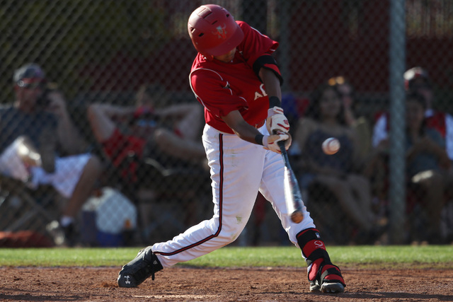 Arbor View’s Justin Rivera connects with a single to drive in the winning run in their ...