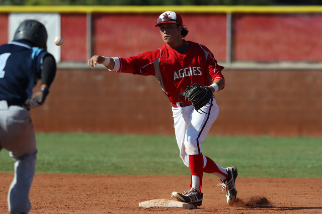 Arbor View shortstop Nick Quintana turns a double play against Sylmar during their game Mond ...