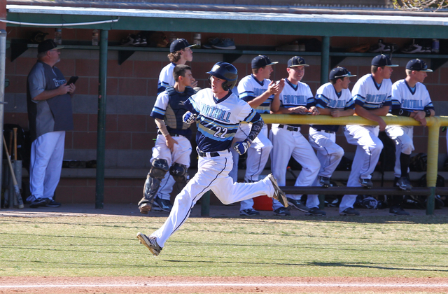 Foothill’s Spencer Throgmorton (22) runs for home against Bonanza during a baseball ga ...