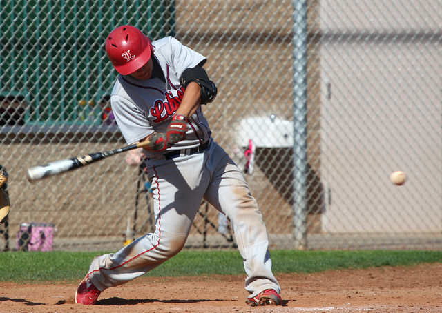 Liberty’s Brandon Soratos takes a swing in the Patriots’ game against Rancho on ...
