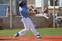 Centennial’s Jake Portaro (24) connects with the ball in their baseball game against L ...
