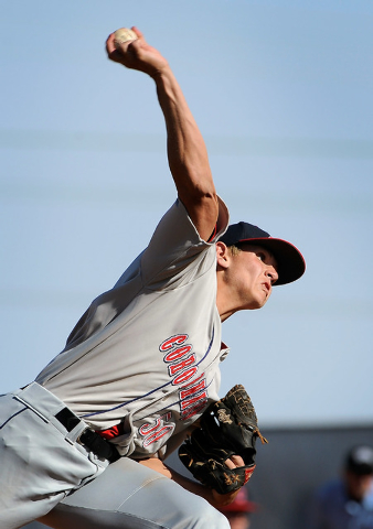 Coronado pitcher Adam Garcia fires the ball against Shadow Ridge on Monday. Garcia gave up f ...